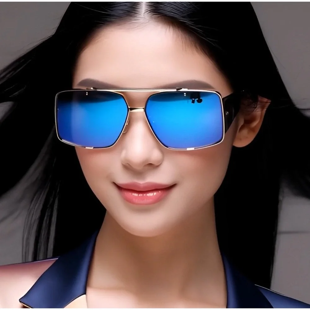 Oversized Square Sunglasses Gold Frame Gradient Blue Lenses Women's Fashion 2026